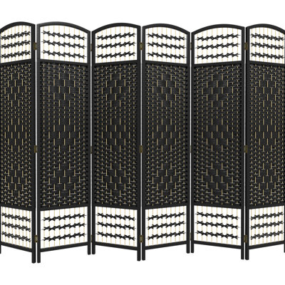6 Panel Room , Folding Privacy Screen 5.6', Black Wave Fiber Partition, For Bedroom, Living Room, Home Office Temporary Wall Partition With Wood Frame