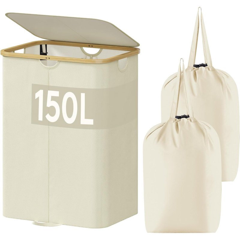 150L Double Laundry Hamper with Lid, Beige