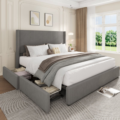 King Bed Frame with 4 Storage Drawers & Tufted Corduroy Wingback. Noise-Free   Support
