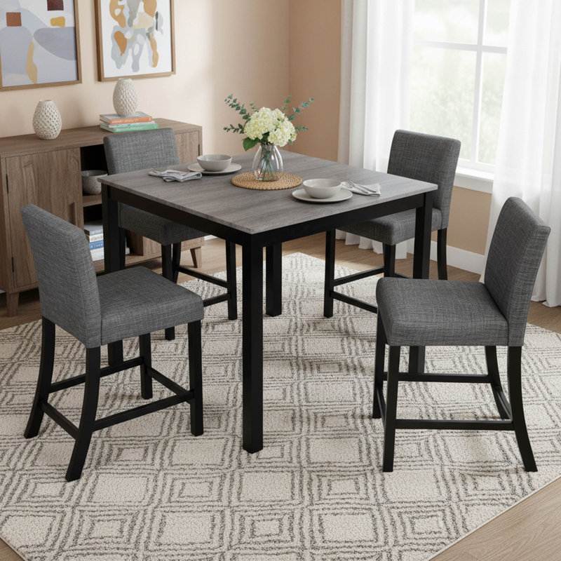 Ensemble de table de salle à manger 5 pièces à hauteur de comptoir avec 4 chaises en bois, gris clair et noir deux tons