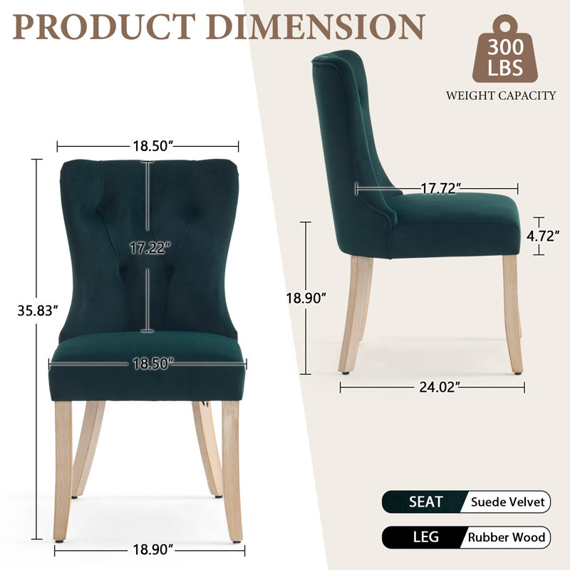 18.9'' Seat Height Mid Century Modern Dining Chairs With Solid Wood Legs, Upholstered Armless Dining Room Chair Side Chair For Kitchen Bedroom Reading Nook, Green Suede Velvet