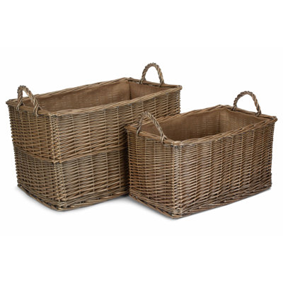 Rectangular Hessian Lined Wicker 2 Piece Storage Basket Set