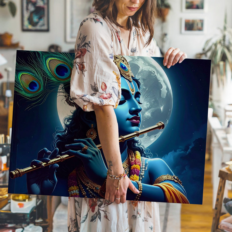 Toile, art mural indien au clair de lune Krishna, H 30 po x l 40 po