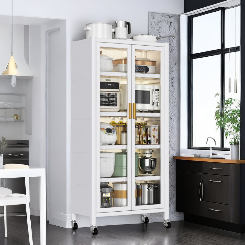White Metal Kitchen Storage - Floor-Ceiling Cabinet With Double Open Doors, 250Kg Load Capacity, Smooth Glide & 360 Rotating Shelf Cabinet: Door, Bearing Movement Rotation Wheels