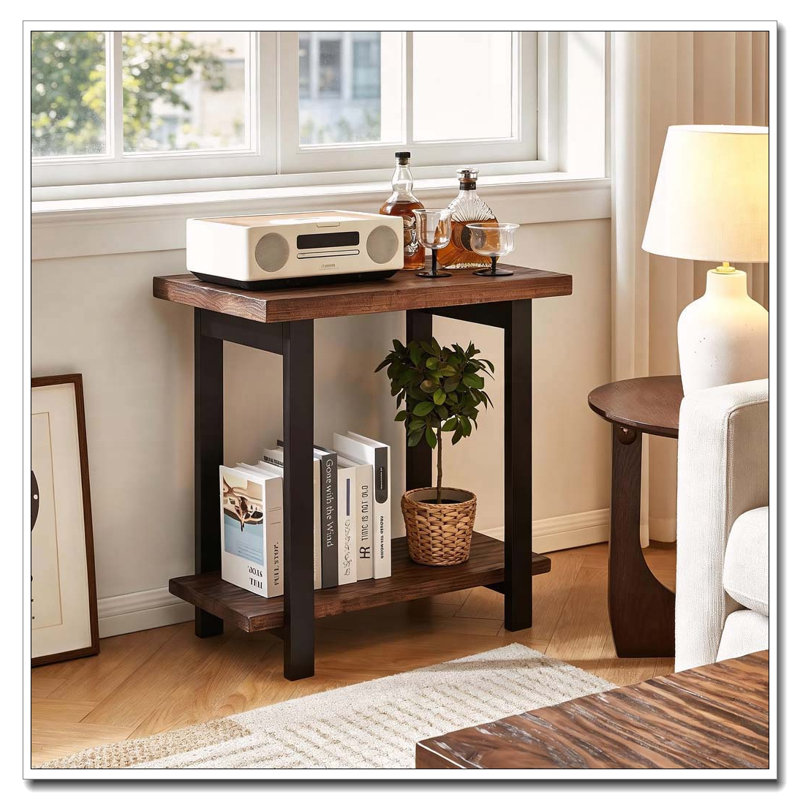 2-Tier Industrial Solid Wood End Table with Leveling Feet