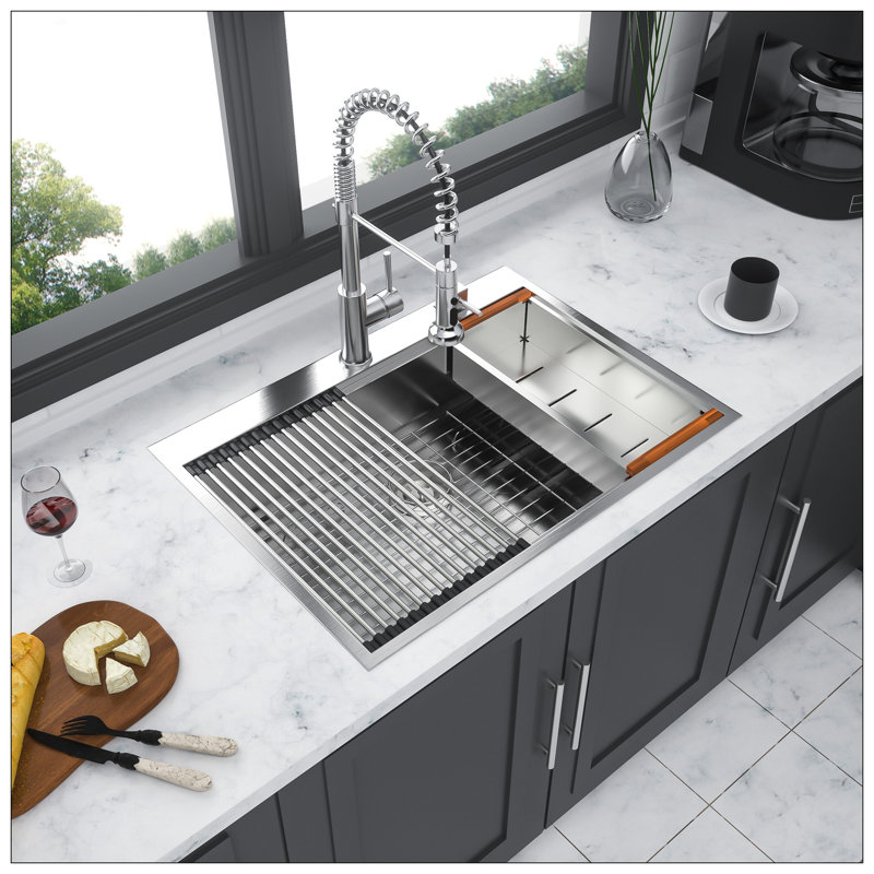 33" Drop In Kitchen Sink - 33*22 Inch Kitchen Sink Drop-In Topmount Single Bowl 16 Gauge Stainless Steel Ledge Workstation Kitchen Sinks