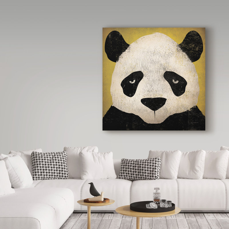 « panda on yellow », art sur toile, H 14 po x l 14 po x P 2 po