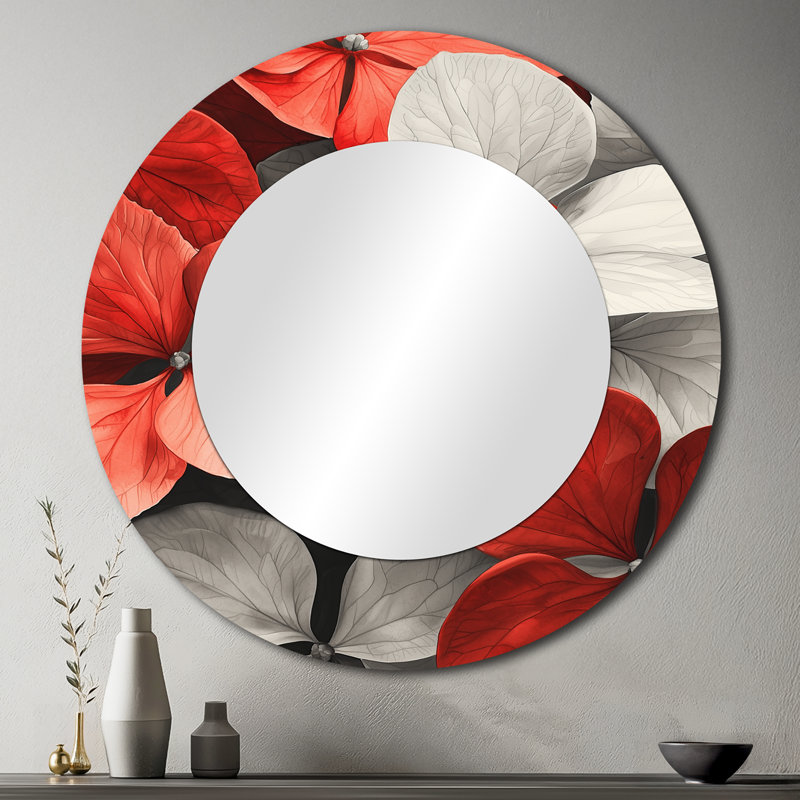 Monochrome Red Hydrangea Petal Accent I - Traditional Decorative Mirror Wall Art - Printed On Metal, 36" x 36"
