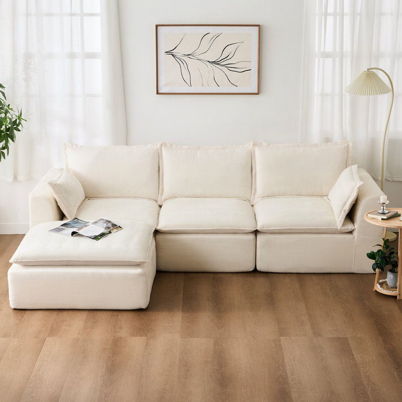 Canapé modulaire en forme de L à compression de 113 po, Beige Chenille