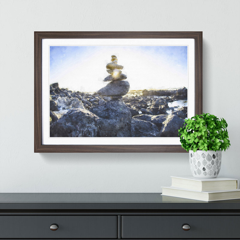 Rock Cairns with Sunlight - Framed Print, 62cm H x 87cm W x 2cm D, Walnut Framed