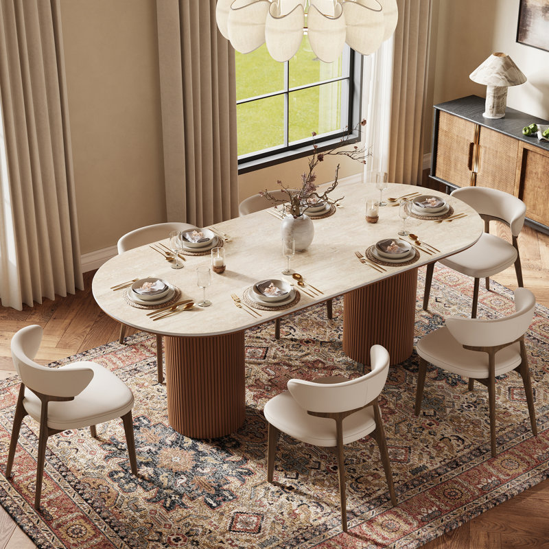 Table de salle à manger 71 po ovale moderne pour 6 personnes, plateau en pierre frittée beige avec pieds en bois double