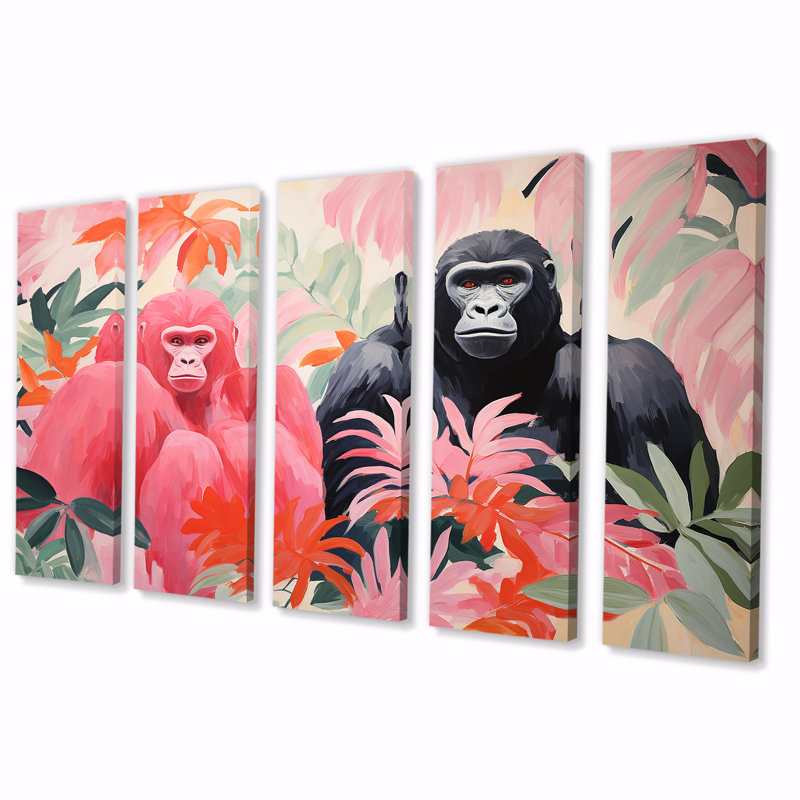 Ensemble de 5 décorations murales roses et noires «Gorilla S parmi les palmiers», H 32 po x l 80 po