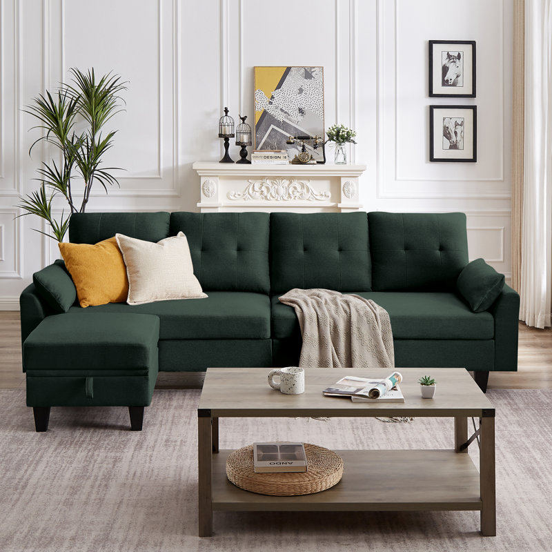 Linnzi 101'' Upholstered Sectional Sofa With Storage Ottoman, Green