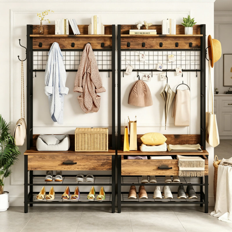 Banc à chaussures industriel avec porte-manteau avec tiroir de rangement et panneau arrière grillagé, portemanteau autoportant avec crochets multiples et étagère à chaussures à 2 niveaux, meubles d'entrée en bois rustique et cadre en métal pour vestibule de vestibule