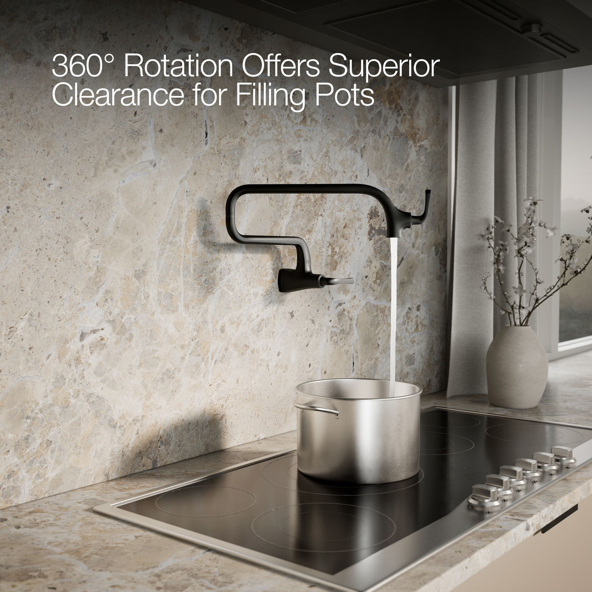 Graze Wall-Mount Pot Filler Faucet, Swing Arm Kitchen Pot Filler Faucet, Matte Black