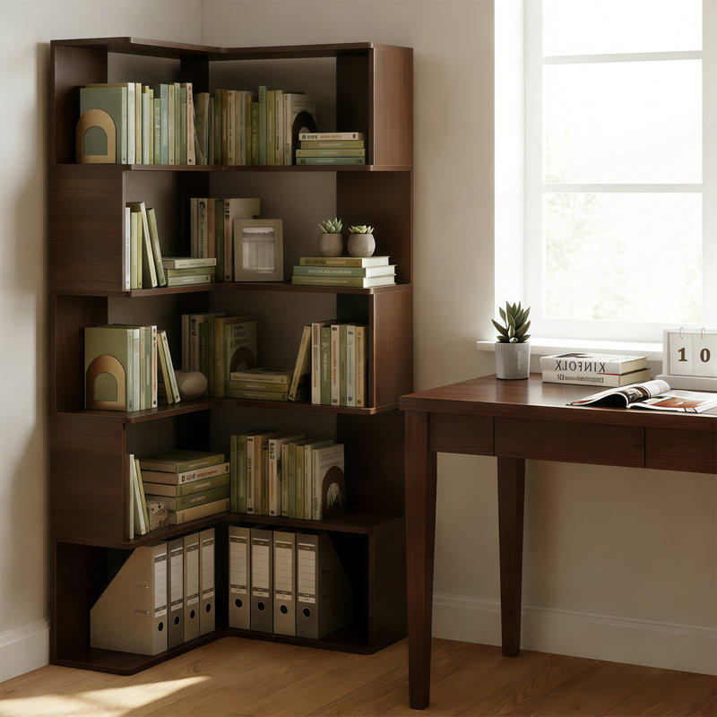 5 Tier Corner Bookshelf, L Shaped Bookshelf with Baffle, Freestanding Display Corner Shelf