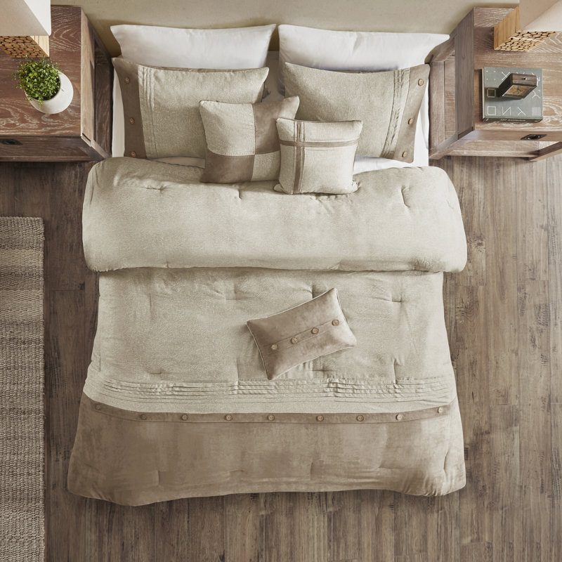 Édredon pour lit très grand brun clair - édredon 7 pièces en faux suède avec boutons décoratifs, Tan