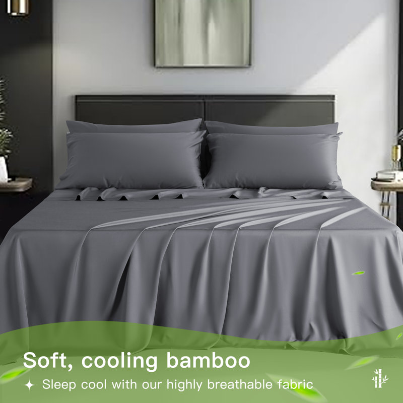 6 Pieces Bamboo Cooling Bed Sheets Set - 16" Deep Pockets, Queen Sheet Set + 1 Fitted Sheet + 4 Pillowcases, Dark Gray