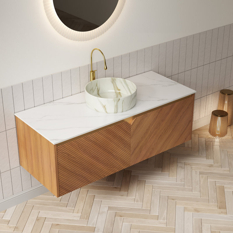 Ensemble de meuble-lavabo et lavabo 48 po, armoire de rangement en contreplaqué flottant, portes doubles en sergé avec garniture en métal, vasque ronde en céramique blanche à motif de pierre et plateau en pierre frittée, couleur grain de bois de chêne Corolla
