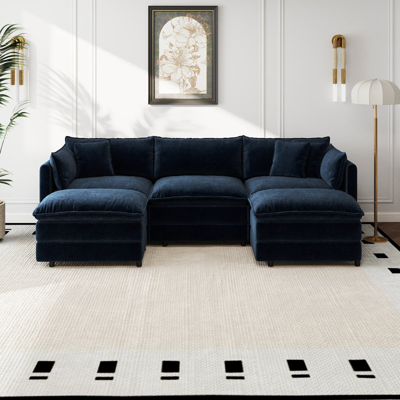 Canapé-lit en chenille moderne avec repose-pieds, Chenille bleu, H 33,85 po x l 112,2 po x P 35,82 po