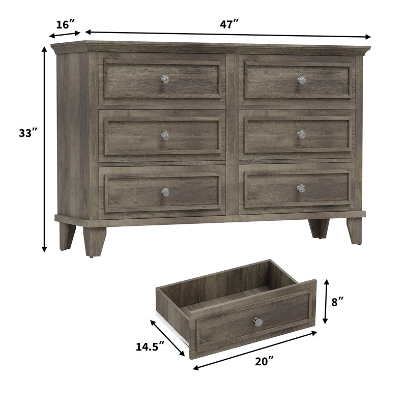 Farmhouse 6-Drawer Dresser, Wood Chest with Vintage Handles, Antique TV Stand & Storage Cabinet for Bedroom, Gray, Gray