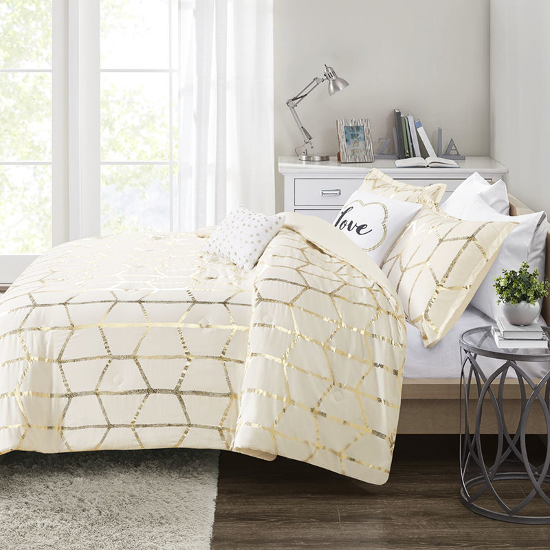 Édredon double / grand + or métallique - Style moderne, ultra doux, 2 taies décoratives, coussins décoratifs, microfibre douce contemporaine et sèche-linge