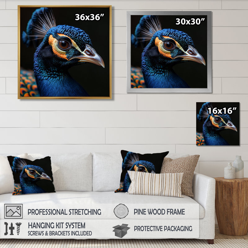 Portrait de paon hypnotisant sur photo noire I - paon, décoration murale animal, Cadre argenté flottant, bois massif