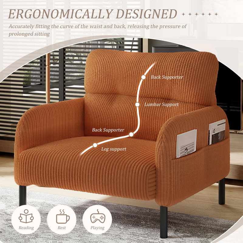 Chaise d'appoint rembourrée en velours côtelé Modern, Orange