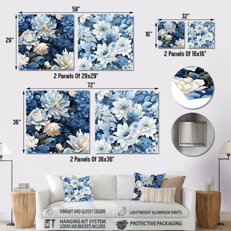 Annemasse - Ensemble de 2 carrés décoratifs floraux en métal, H 16 po x l 32 po