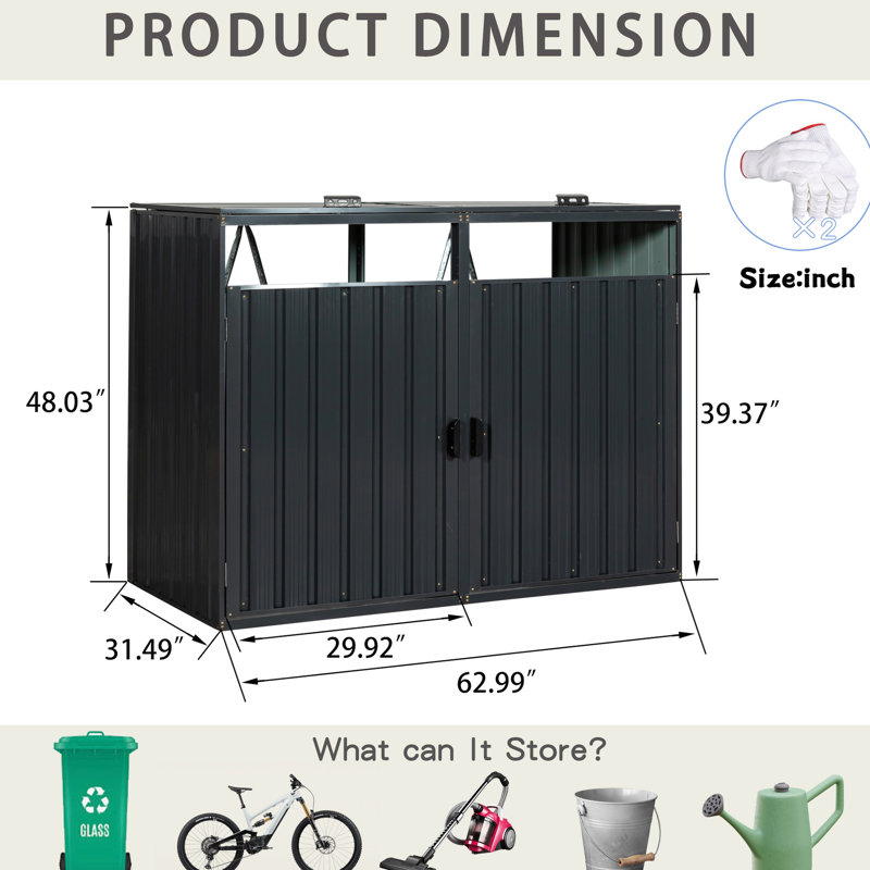 Remise en métal pour poubelle de jardin - 63,55 po de profondeur, acier galvanisé, ventilé, fer à repasser verrouillable, capacité de 2 poubelles, largeur de 31,28 po, facile à assembler