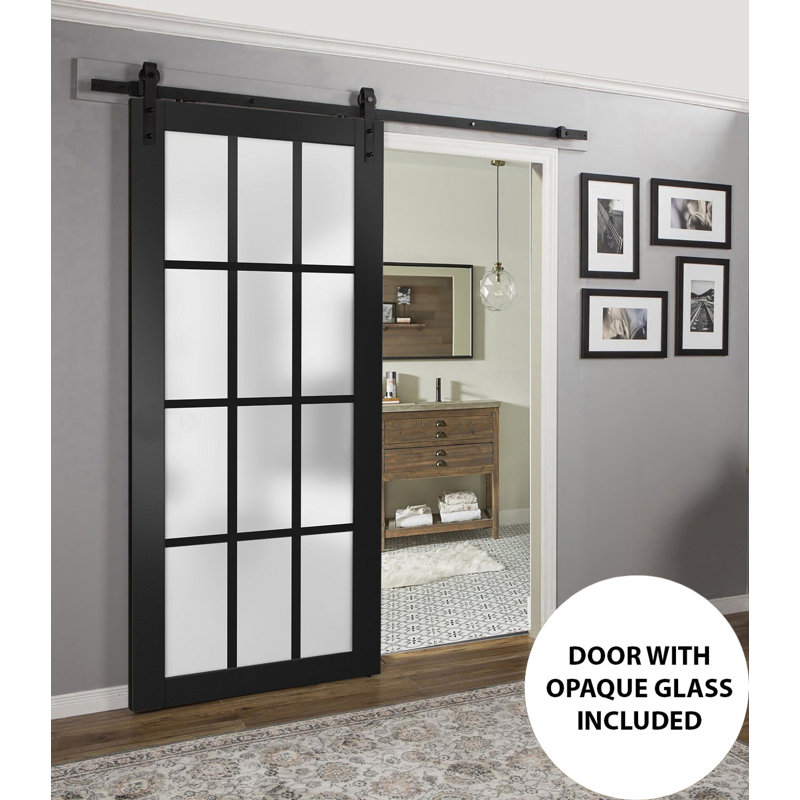 Portes de grange en verre givré noir Felicia avec trousse de quincaillerie d'installation, 18 po x 84 po