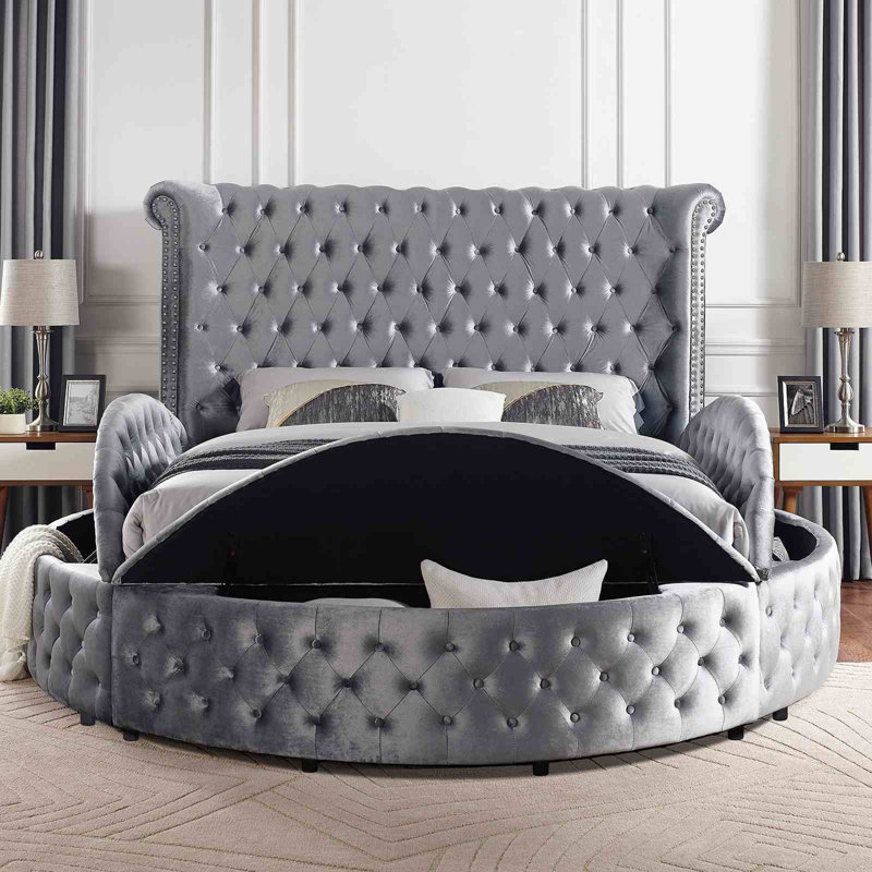 1pièce lit de rangement rond en velours gris Glam, Grand lit, Gris