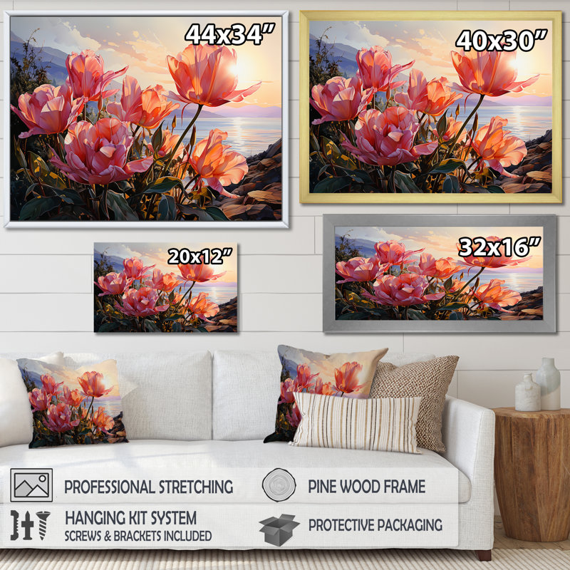 Tulips Sunset - Tulips Wall Art, White Floater Framed, 16" H x 32" W x 1" D