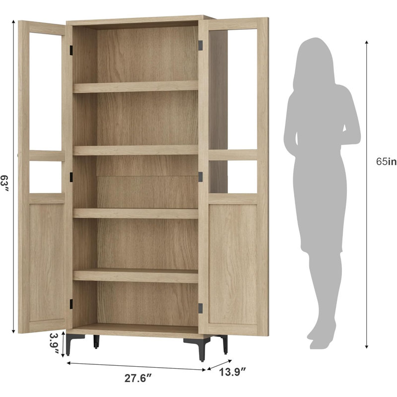 63 Inch Tall 5-Tier Storage Cabinet with 2 Doors, Adjustable Shelves - Pear Wood Finish MDF Multipurpose Organizer, Brown