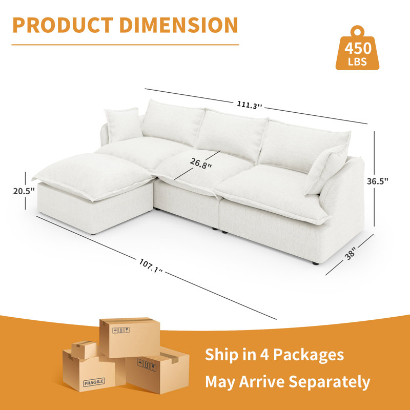 Canapé modulaire rembourré à 4 places avec coussins en duvet Rinnes, Blanc