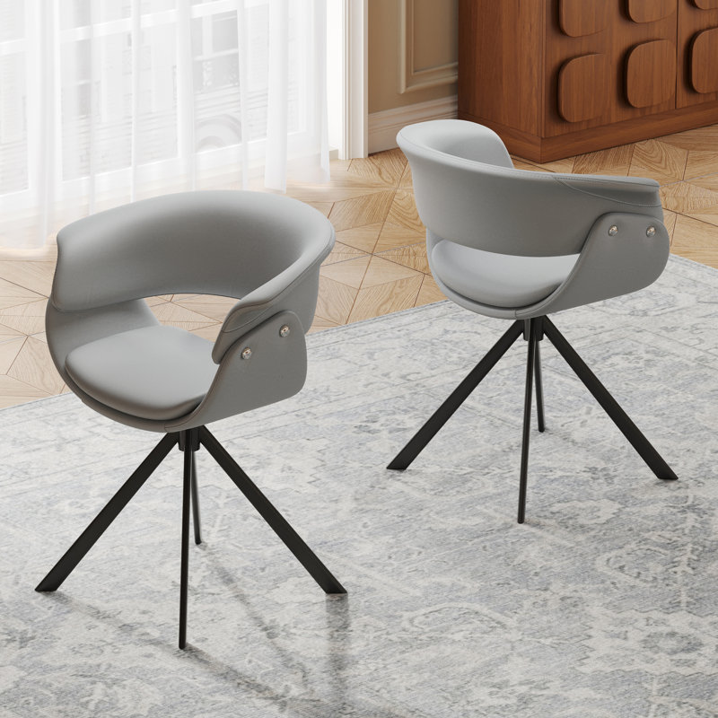 Modern Swivel Dining Chair With Armrests, Gray Faux Leather, Black Stainless Steel Legs, For Dining Room & Study