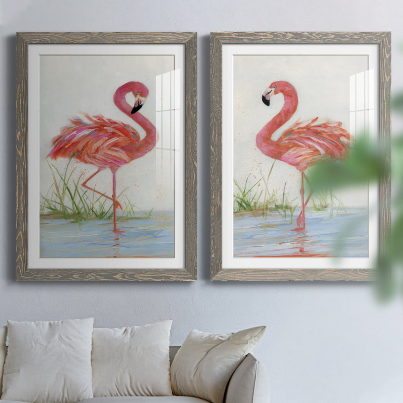 Flamingo I - ensemble de 2 peintures, H 24 po x l 36 po, Papier dans un cadre photo, Gris