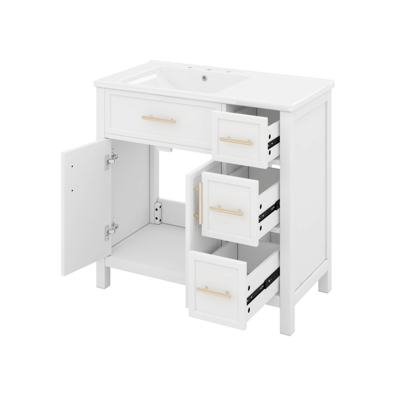 36" Bathroom Vanity With Integrated Ceramic Sink And Drawer, White