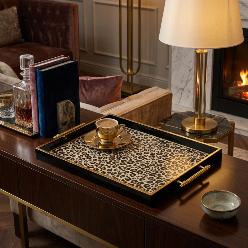 Plateau de service décoratif chic à motif léopard avec poignées dorées