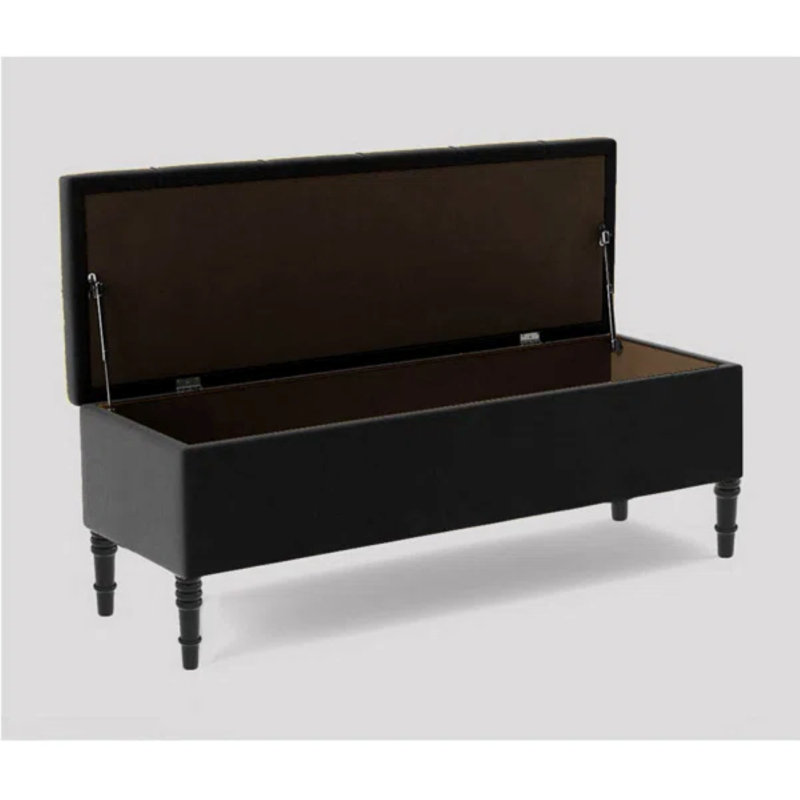 Swiss Chesterfield Ottoman Storage Bench - Upholstered Plush Velvet Shoes Bench with Black Turned Wooden Legs, Black Plush