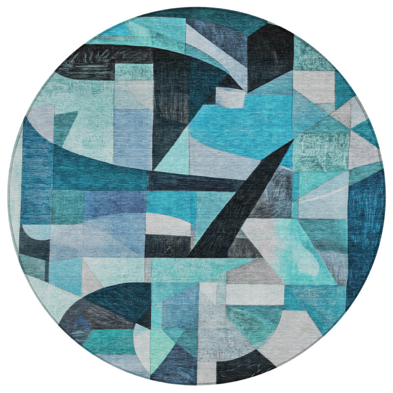 Machine Washable Indoor/Outdoor Xhevrie Teal Rug, Round 8'
