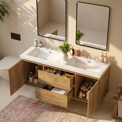 Ensemble de meuble-lavabo mural moderne 60 po avec lavabo SMC intégré et tiroirs de rangement séparés