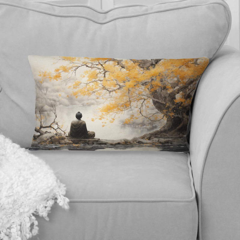 Coussin décoratif imprimé bouddhisme gris et jaune
