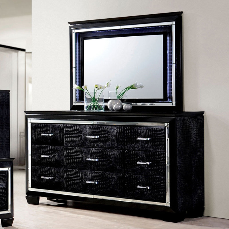 Commode 9 tiroirs avec miroir Crampton, Noir