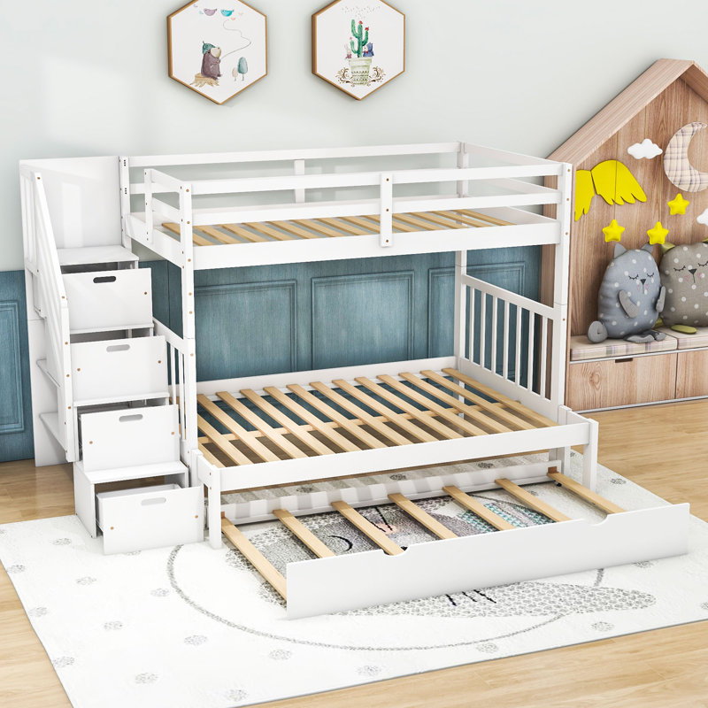 Eizabeth Twin Over Full 4 Drawer Standard Bunk Bed with Trundle and Shelves by Harriet Bee, White