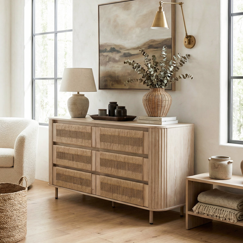 Commode à cordon avec 6 tiroirs de rangement pour le salon ou l'entrée, Naturel