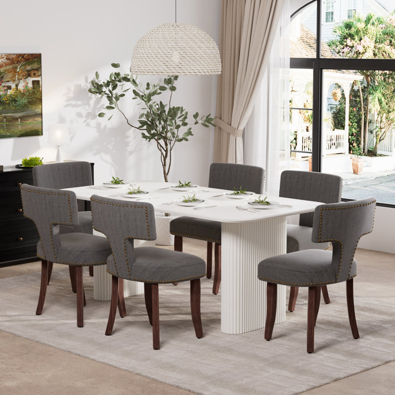 Ensemble de salle à manger rectangulaire en bois avec chaise rembourrée, 7, Gris, Blanc