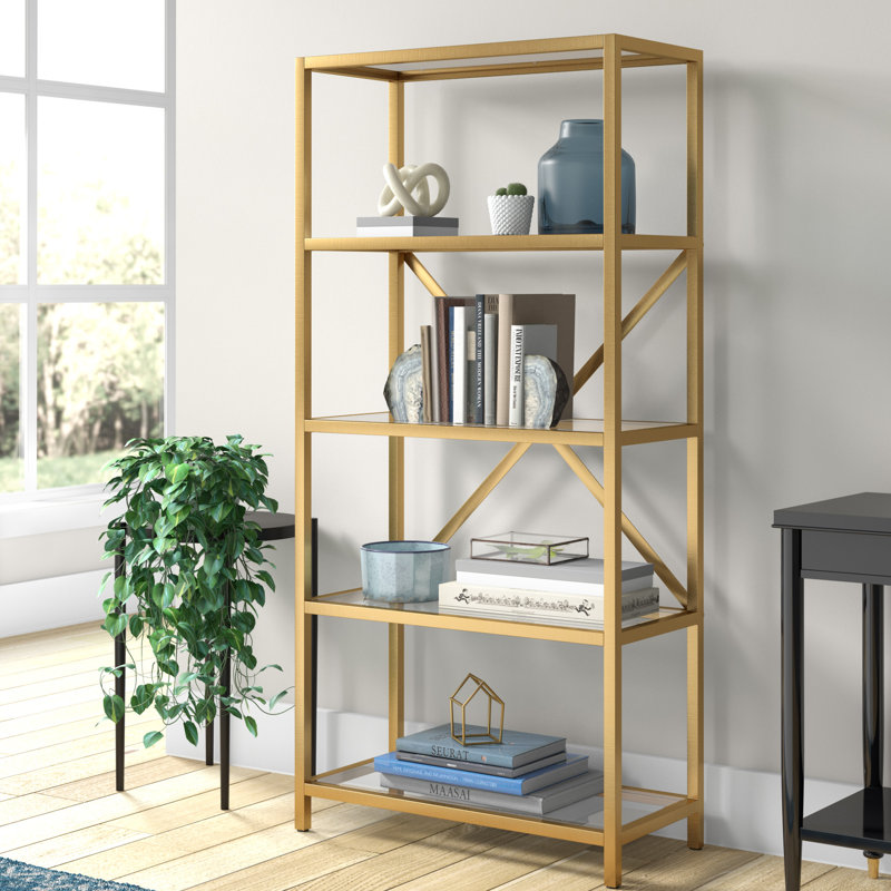 Etta 63"H 4-Tier Metal Glass Tall Rectangular Bookcase in Brushed Brass, Brushed Brass