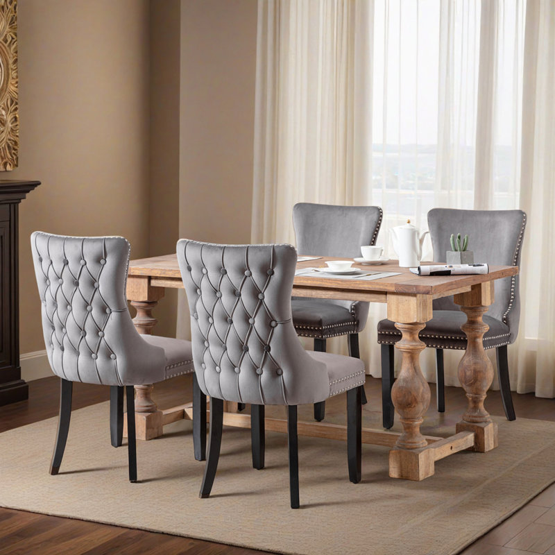 Upholstered Tufted Wing-Back Dining Chair with Backstitching Nailhead Trim and Solid Wood Legs, Set of 4, Gray, Black