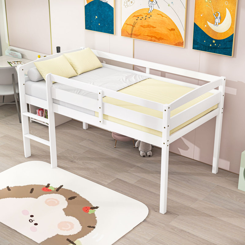 Twin Wood Loft Bed With Ladder & Guardrails, Low-Height Design, White